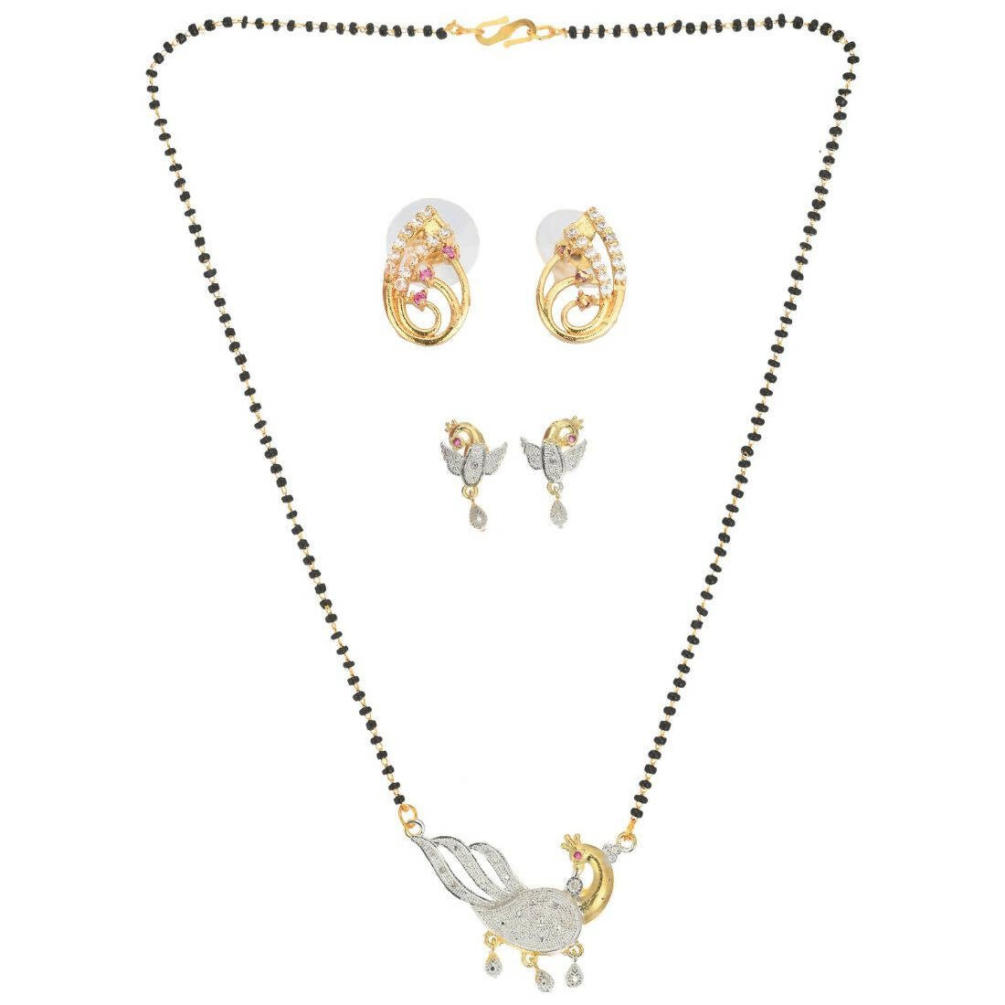 AanyaCentric Gold-Polished Mangalsutra with Pendant, 2 Pair Earrings