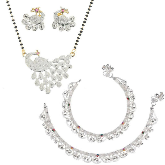 AanyaCentric Gold-Polished Mangalsutra Pendant Earring Set & Silver Plated Anklet