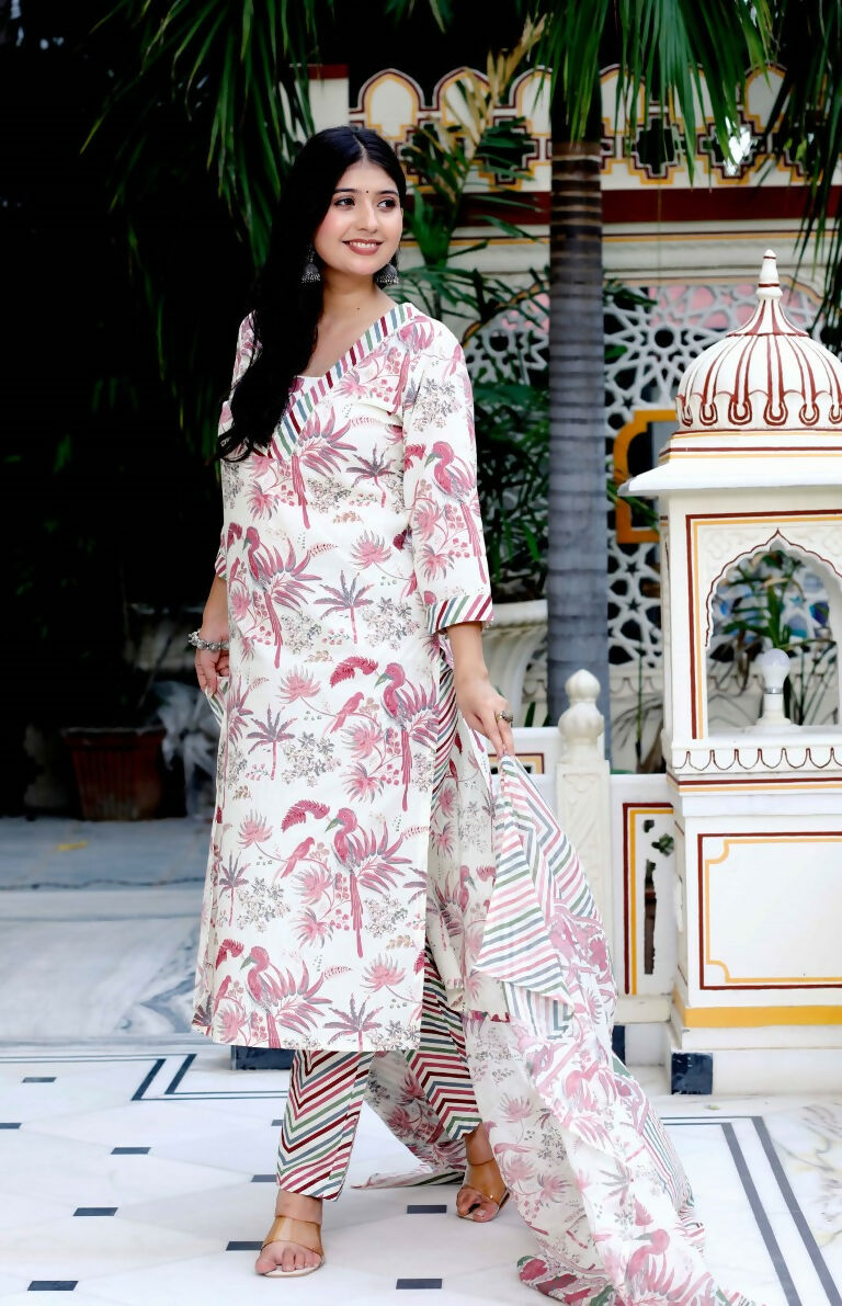 Miravan Women's Cotton Light Pink Scenic Birds And Leaf Straight Pakistani Style Suit Set