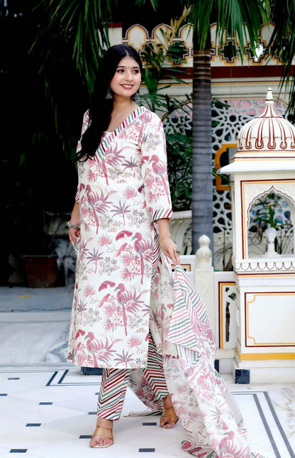 Miravan Women's Cotton Light Pink Scenic Birds And Leaf Straight Pakistani Style Suit Set
