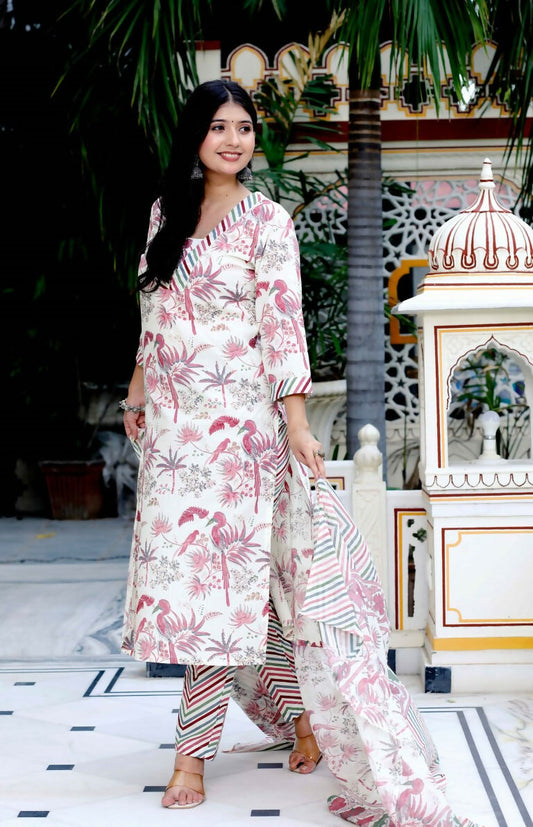 Miravan Women's Cotton Light Pink Scenic Birds And Leaf Straight Pakistani Style Suit Set