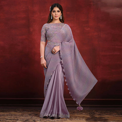 Purple Crepe Satin Silk Sequence Thread & Stone Work/ Texture Pallu Saree - Mohmanthan Kimiya