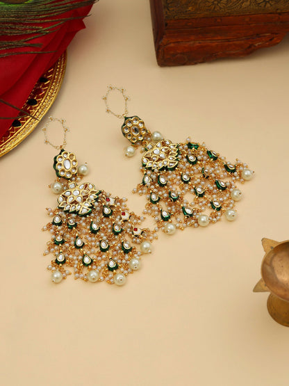 Ruby Raang 22k Gold Polished Kundan Chand Earrings With Ear Chains