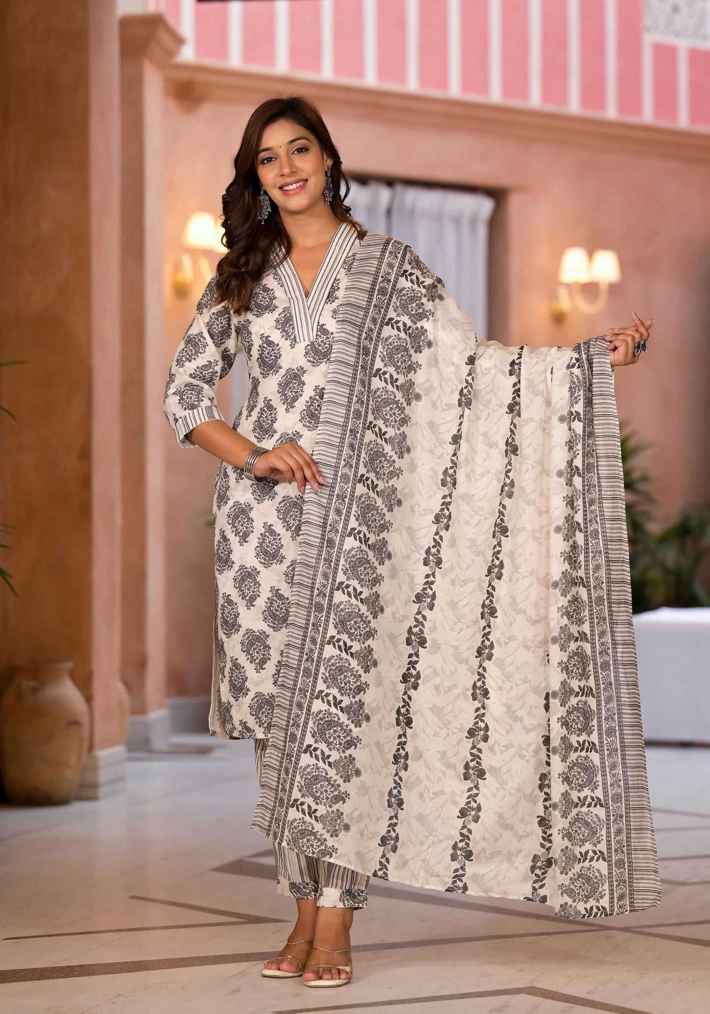 Juniper Women's White Floral Printed Cotton Kurta Dhoti Pant & Dupatta Set