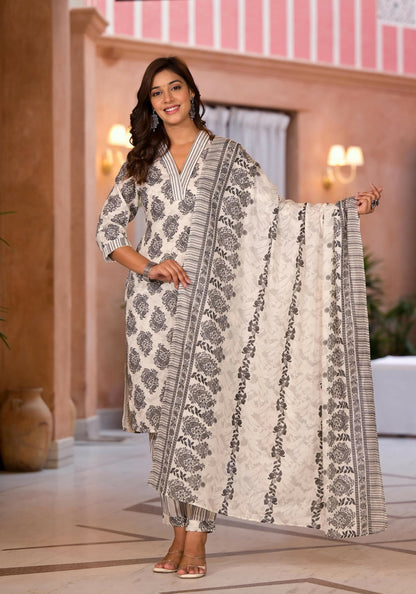 Juniper Women's White Floral Printed Cotton Kurta Dhoti Pant & Dupatta Set