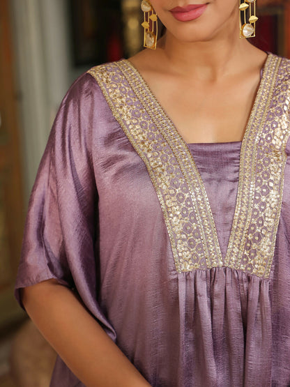 Janasya Lavender Silk Blend Yoke Embroidery Co-Ords