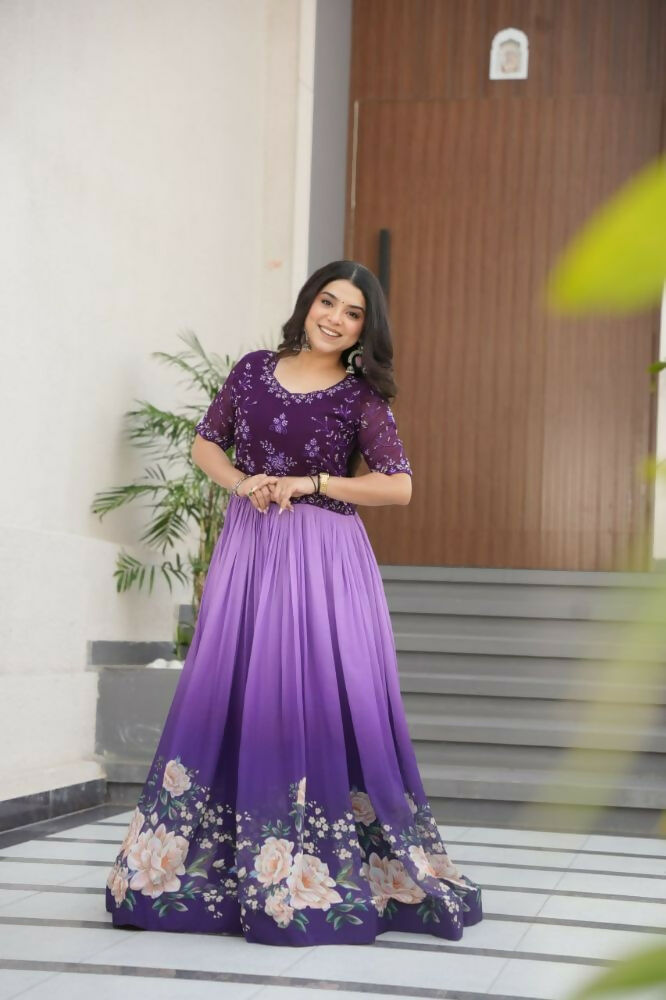 Vastranavya Purple Faux Blooming With Beads Embroidered work and Rich Floral Pedding Digital Print Gown
