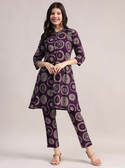 Aavyora Women's Purple Abstract Printed Pure Cotton Co-ord Set