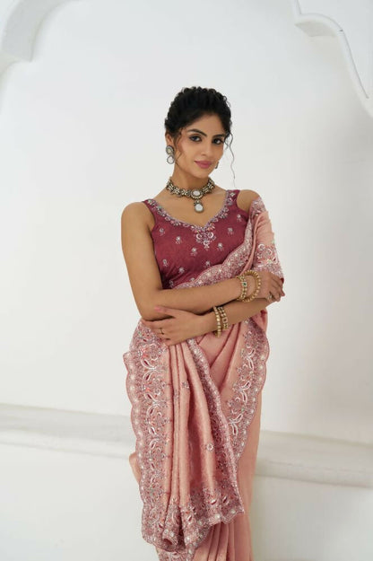 Kesar Fab Latest Pink Pure Dola Viscouse Silk With Sequins And Beads Embroidery For Brides Saree