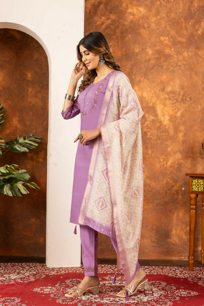 Lavender Daily Wear Silk Kurti with Pant for Women by Infinity Export