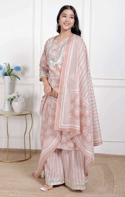 Miravan Women Brown Floral Printed Cotton Straight Ethnic Kurta with Palazzo and Dupatta