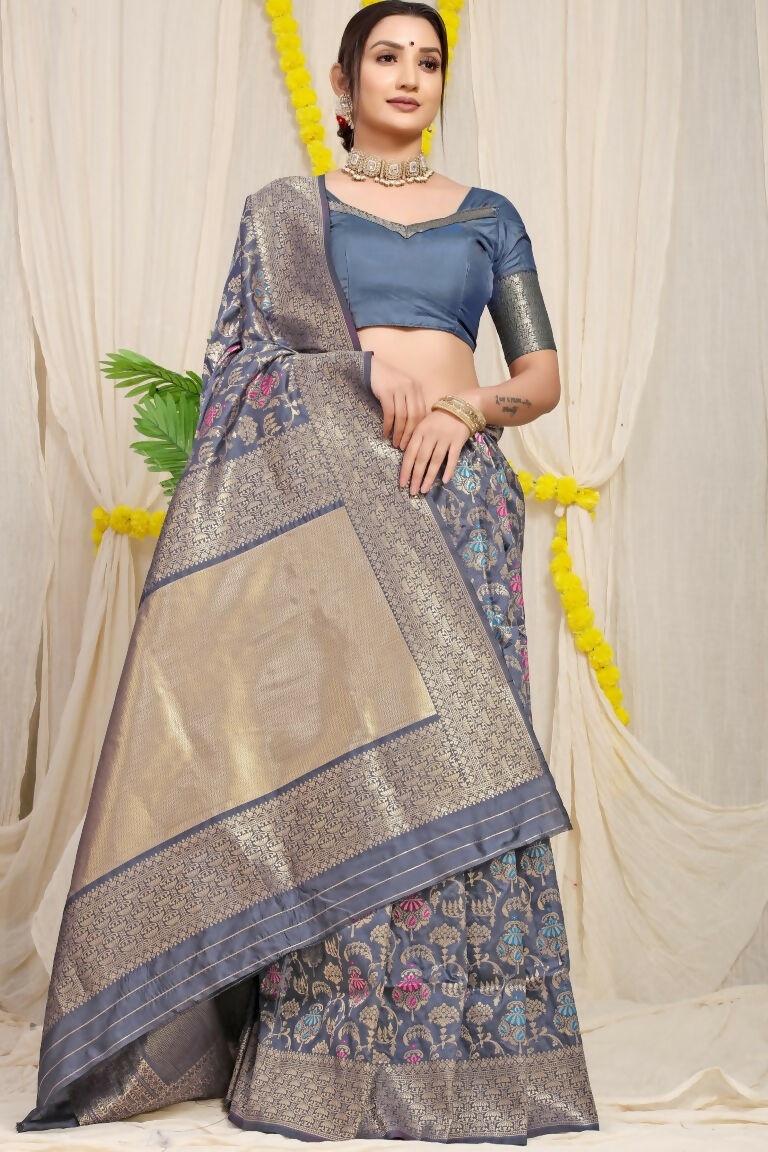 Jyoti Fashion Women's Grey Kanjivaram Silk Zari Woven Saree with Blouse