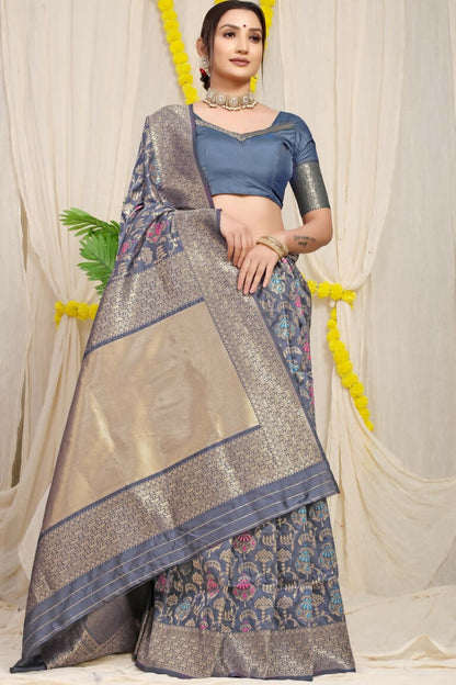 Jyoti Fashion Women's Grey Kanjivaram Silk Zari Woven Saree with Blouse