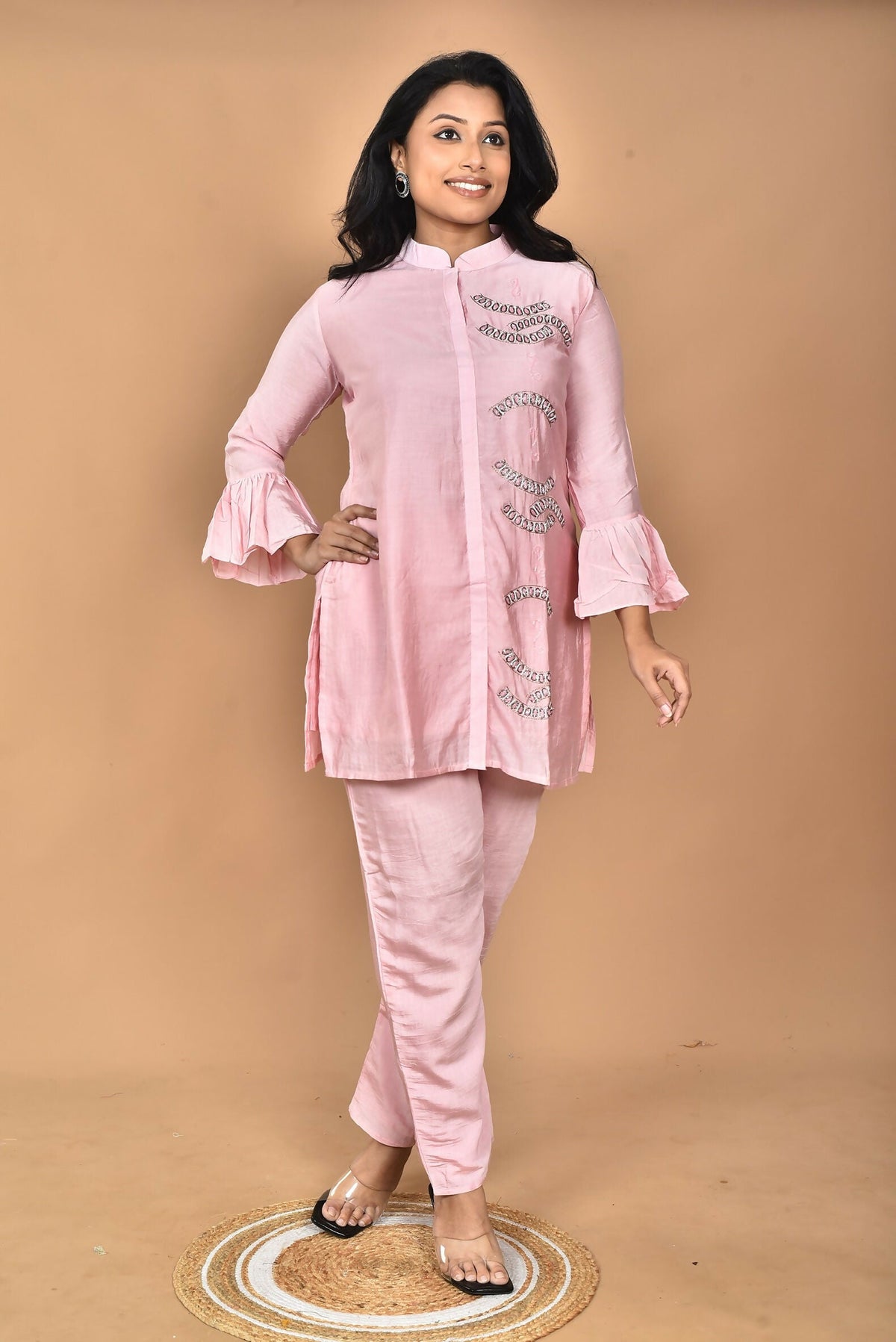 Morchari Women Hand Embroidery Co-Ords-Pink