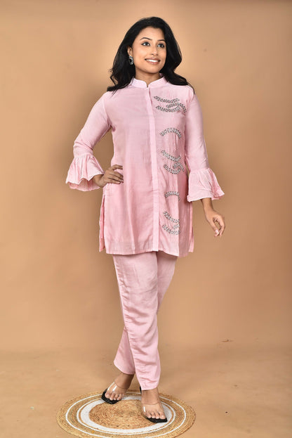 Morchari Women Hand Embroidery Co-Ords-Pink