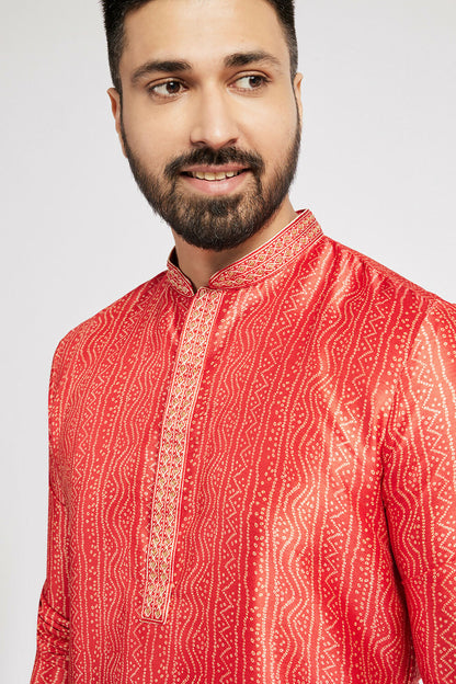 Ethnic India Red Men's Kurta Bandhani Polyester