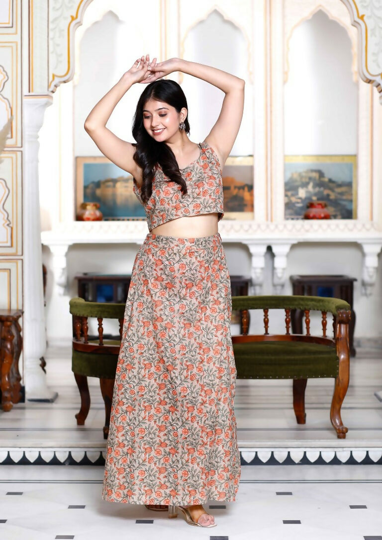 Miravan Women's Brown Floral Printed Crop Top And Skirt Co-Ord Set