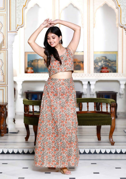 Miravan Women's Brown Floral Printed Crop Top And Skirt Co-Ord Set