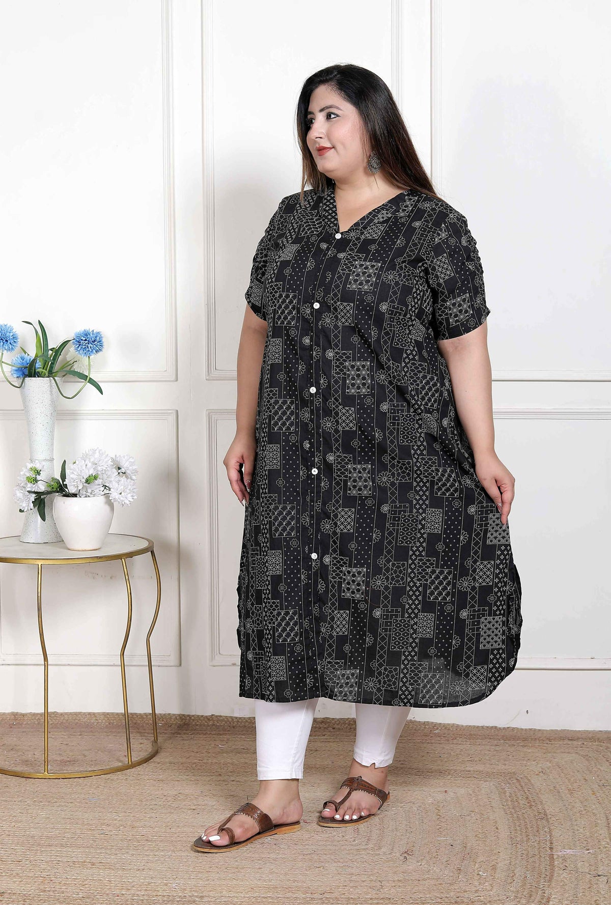 Miravan Women's Plus Size Pure Cotton Black Floral Printed Front Button A-Line Kurta