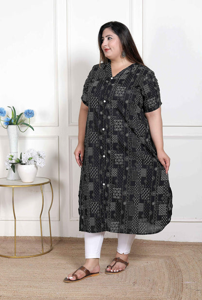 Miravan Women's Plus Size Pure Cotton Black Floral Printed Front Button A-Line Kurta