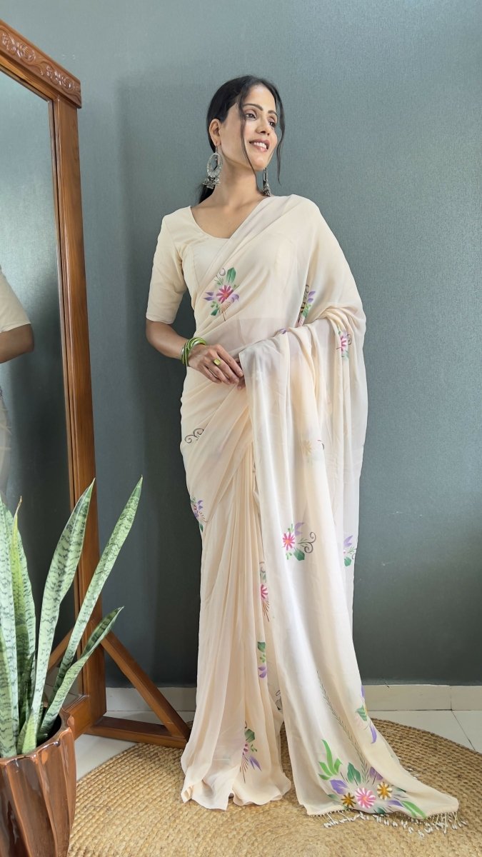 Aayaa Designer 1 min Hand Painted Ready to Wear saree - Off White