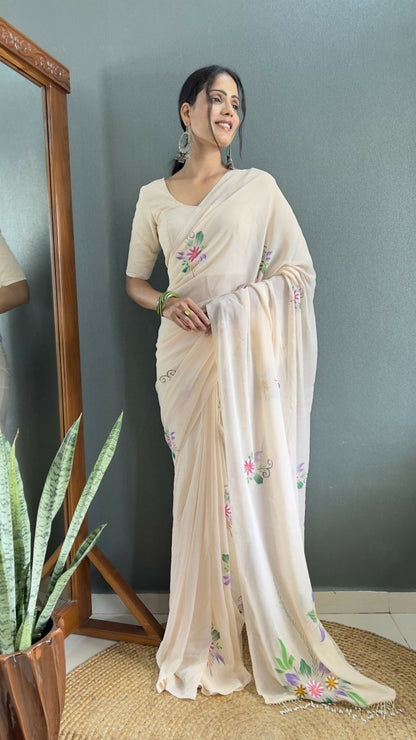 Aayaa Designer 1 min Hand Painted Ready to Wear saree - Off White
