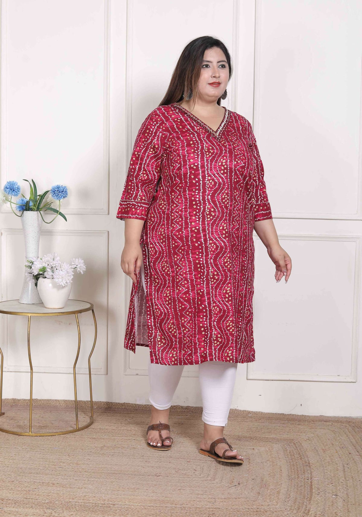 Miravan Women's Plus Size Bandhej Printed Rayon Kurta Magenta
