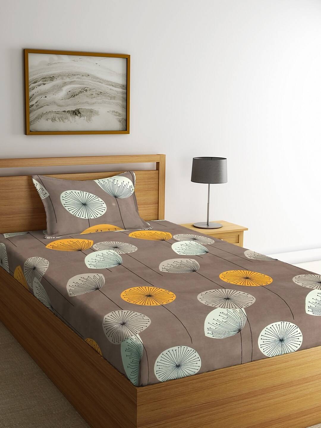 KLOTTHE Brown & Yellow Floral 210 TC Cotton Bedsheet with Pillow Cover