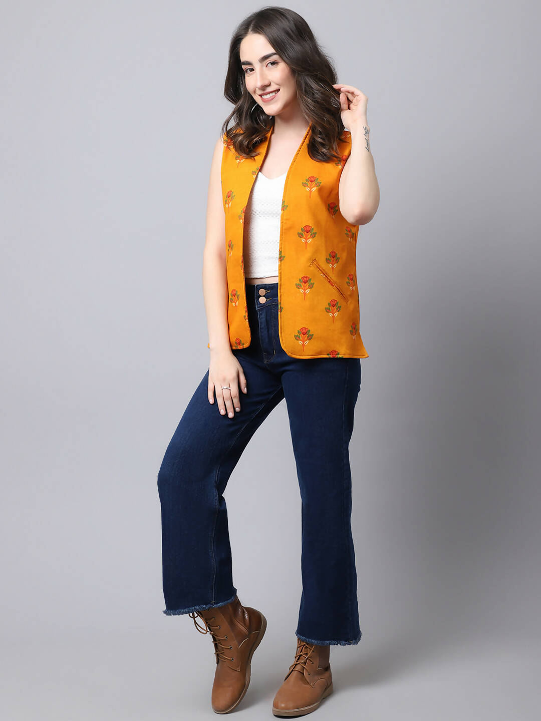Even Apparels Yellow 100% Viscose Rayon Open Front Gillet (BF009)