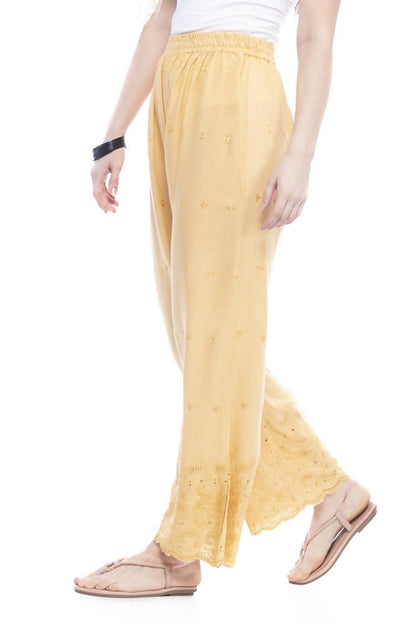 Mominos Fashion Reyon Cotton Dark Golden Embroidery Chikan Palazzo