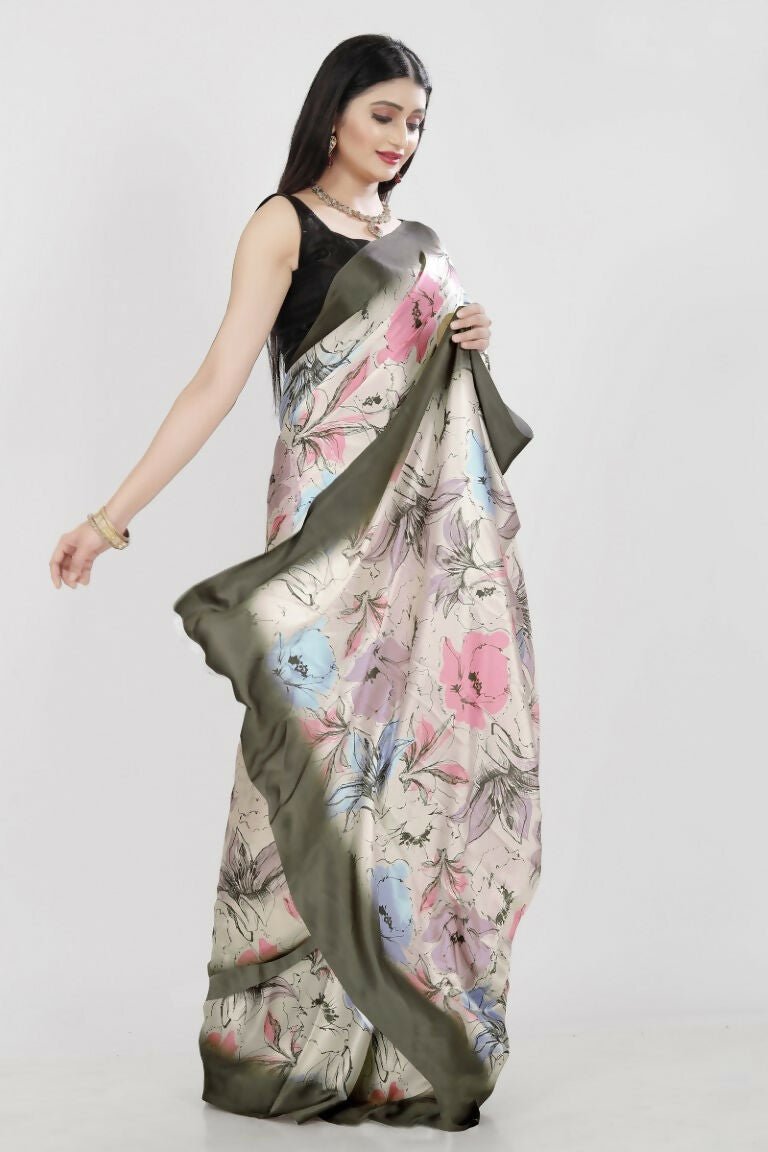 Aayaa Designer Printed Satin Saree - Multi Color