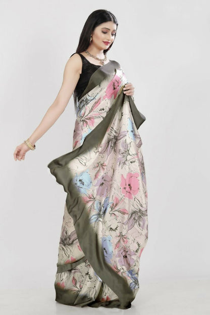 Aayaa Designer Printed Satin Saree - Multi Color