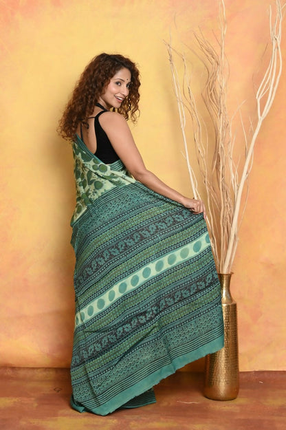 Very Much Indian Designer Modal Silk Saree With With Beautiful Floral Print - Sea Green
