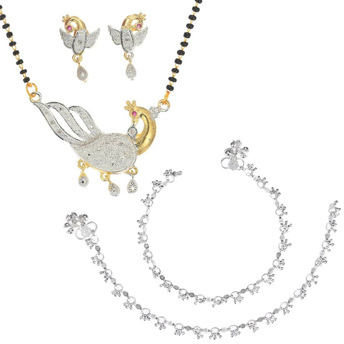 AanyaCentric Gold-Polished Mangalsutra Pendant Earring Set & Silver Plated Anklet