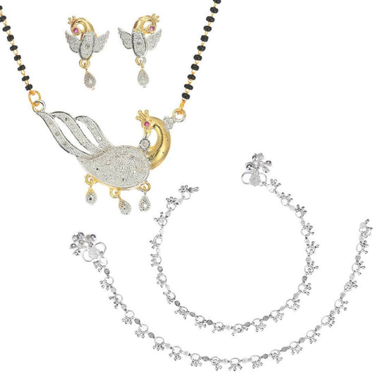 AanyaCentric Gold-Polished Mangalsutra Pendant Earring Set & Silver Plated Anklet