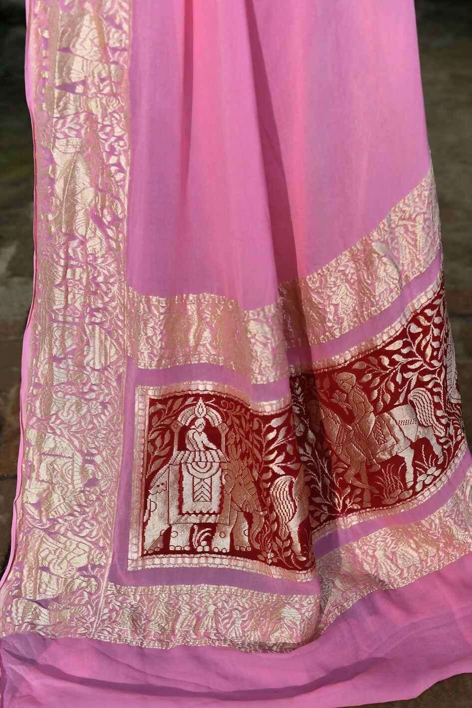 Joban Fashion Baby Pink Crepe Chiffon Pure Handloom Banarasi Silk Saree