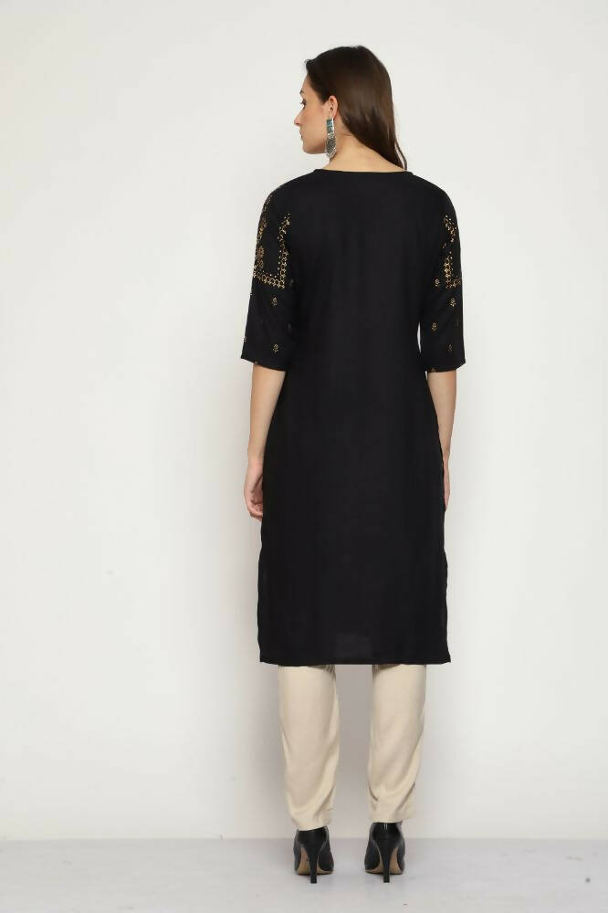 Maai Rayon Hand Printed Kurta Black