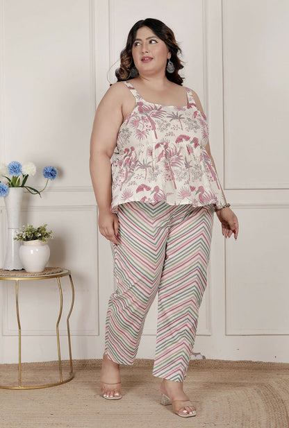 Miravan Womens Plus Size Pink Pure Cotton Leaf Printed Kurti With Palazzo