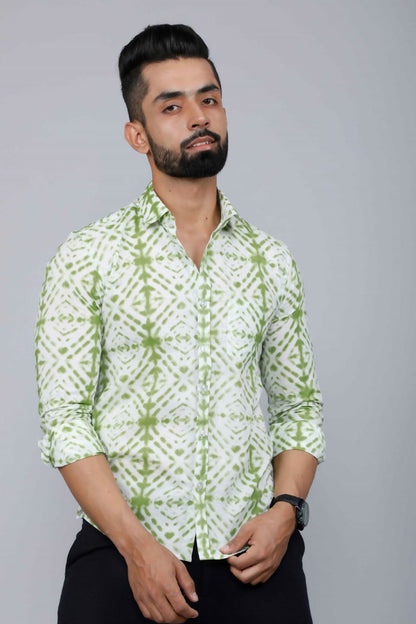 Miravan Men's Premium Green and White Slim Fit Tie Dye Cotton Shirt
