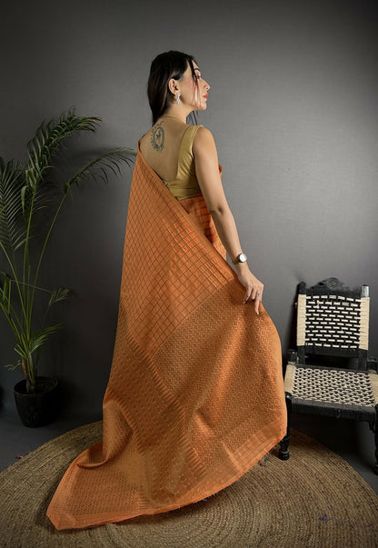 Joban Fashion Orange Banarasi Soft Lichi Silk Checks & Woven Saree