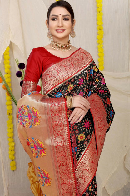 Jyoti Fashion Women's Black Patola Silk Zari Woven Saree with Blouse