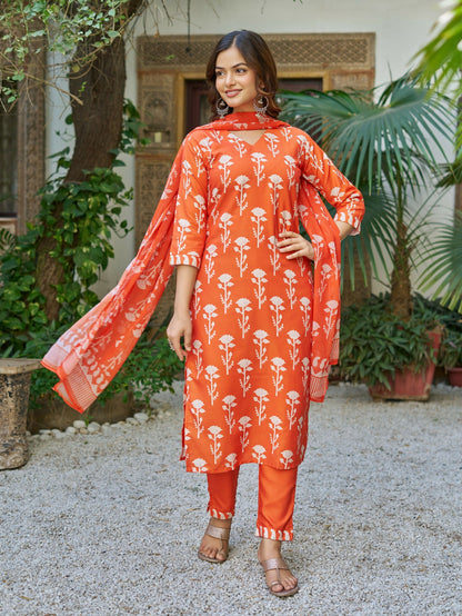 The52 Orange Women's Beautiful Cotton Blend Fabric Printed Work Straight Kurta, Pant and Dupatta Set