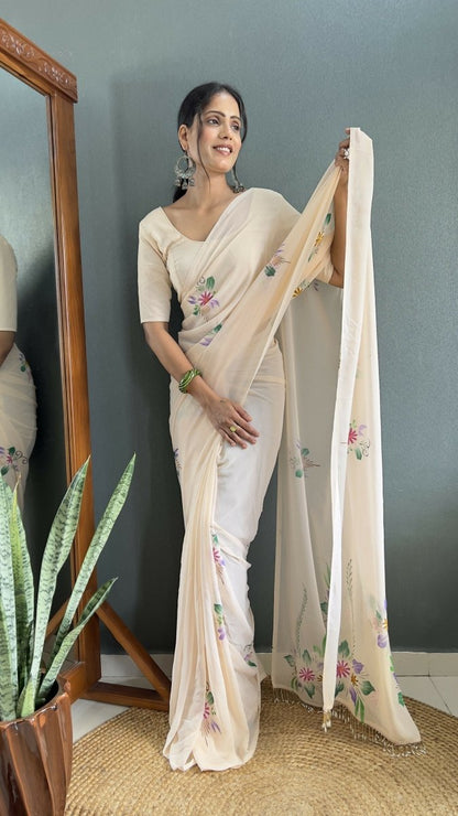 Aayaa Designer 1 min Hand Painted Ready to Wear saree - Off White