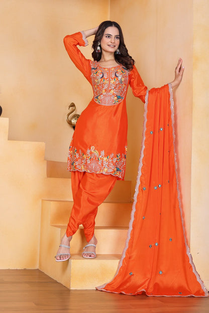 Prazu Fashion Orange Chinon Silk Embroidered Dhoti Style Suit