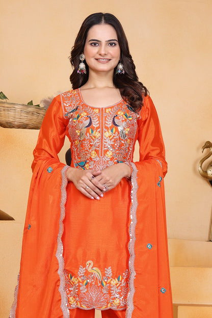 Prazu Fashion Orange Chinon Silk Embroidered Dhoti Style Suit