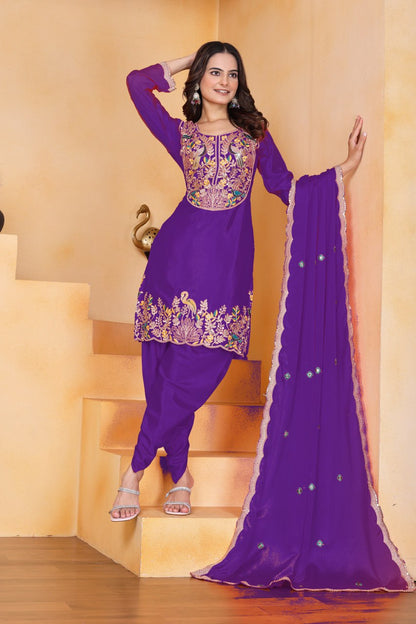 Prazu Fashion Purple Chinon Silk Embroidered Dhoti Style Suit