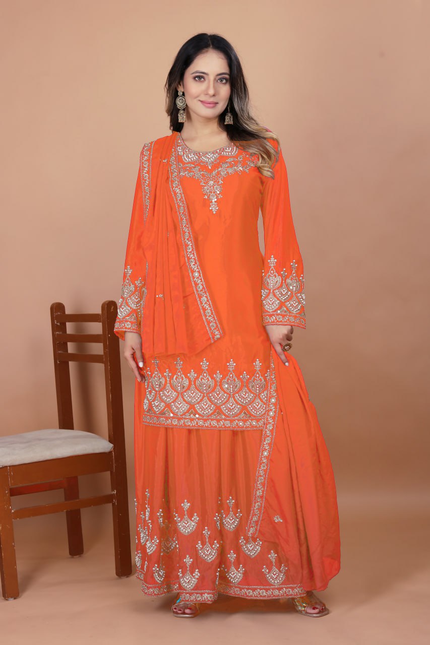 Lehenga Mart Premium Readymade Top Sharara With Dupatta Set For Women-Orange