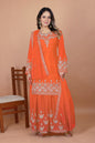 Prazu Fashion Orange Chinon Silk Embroidered Designer Sharara Suit