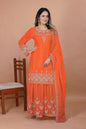 Prazu Fashion Orange Chinon Silk Embroidered Designer Sharara Suit