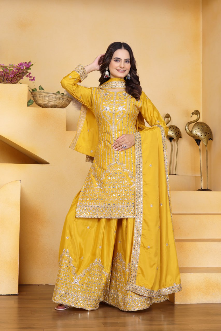 Prazu Fashion Yellow Crepe Silk Embroidered Sharara Suit